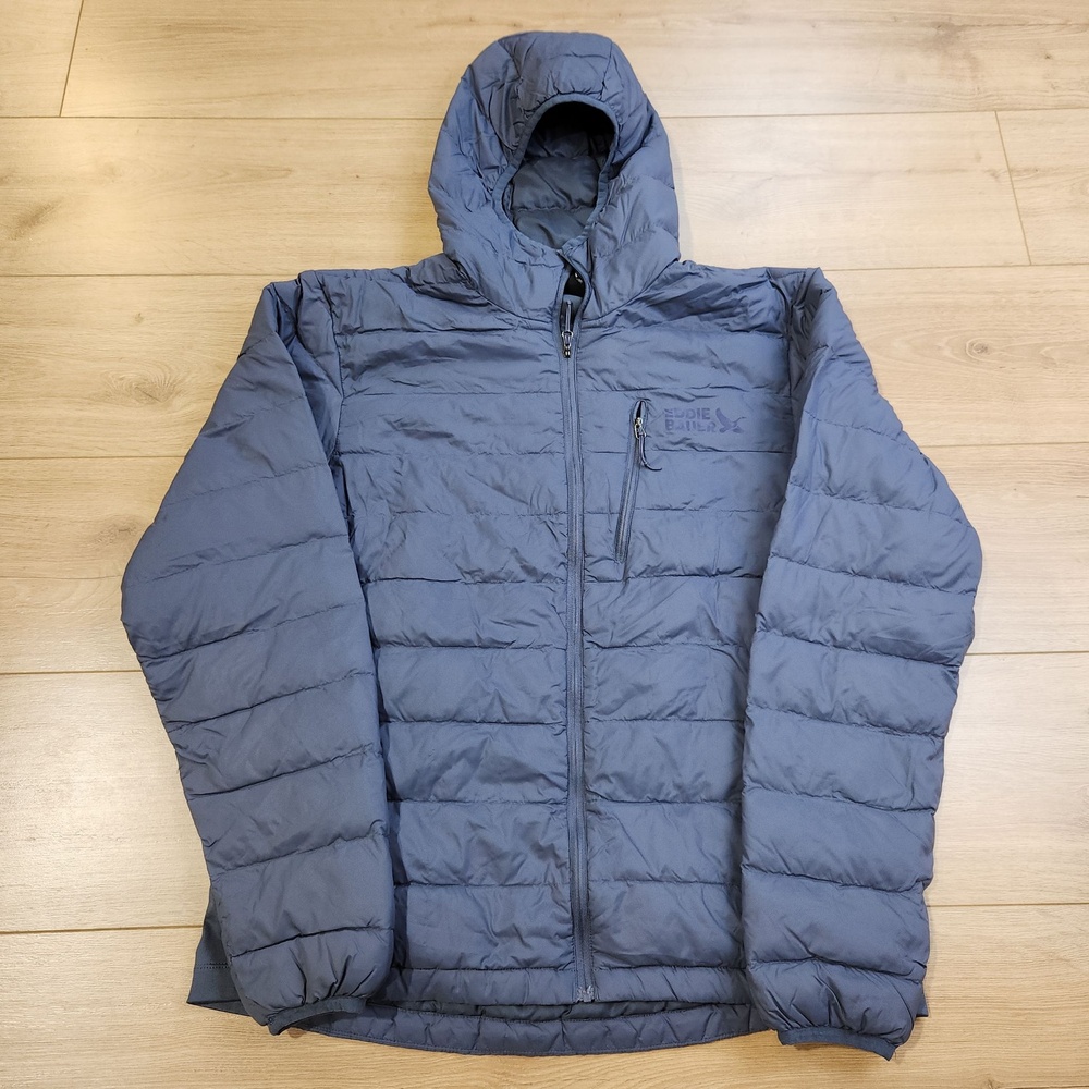 Eddie Bauer Down 550 Jacket Mens Medium Blue Hooded Puffer Zip Pockets Insulated
